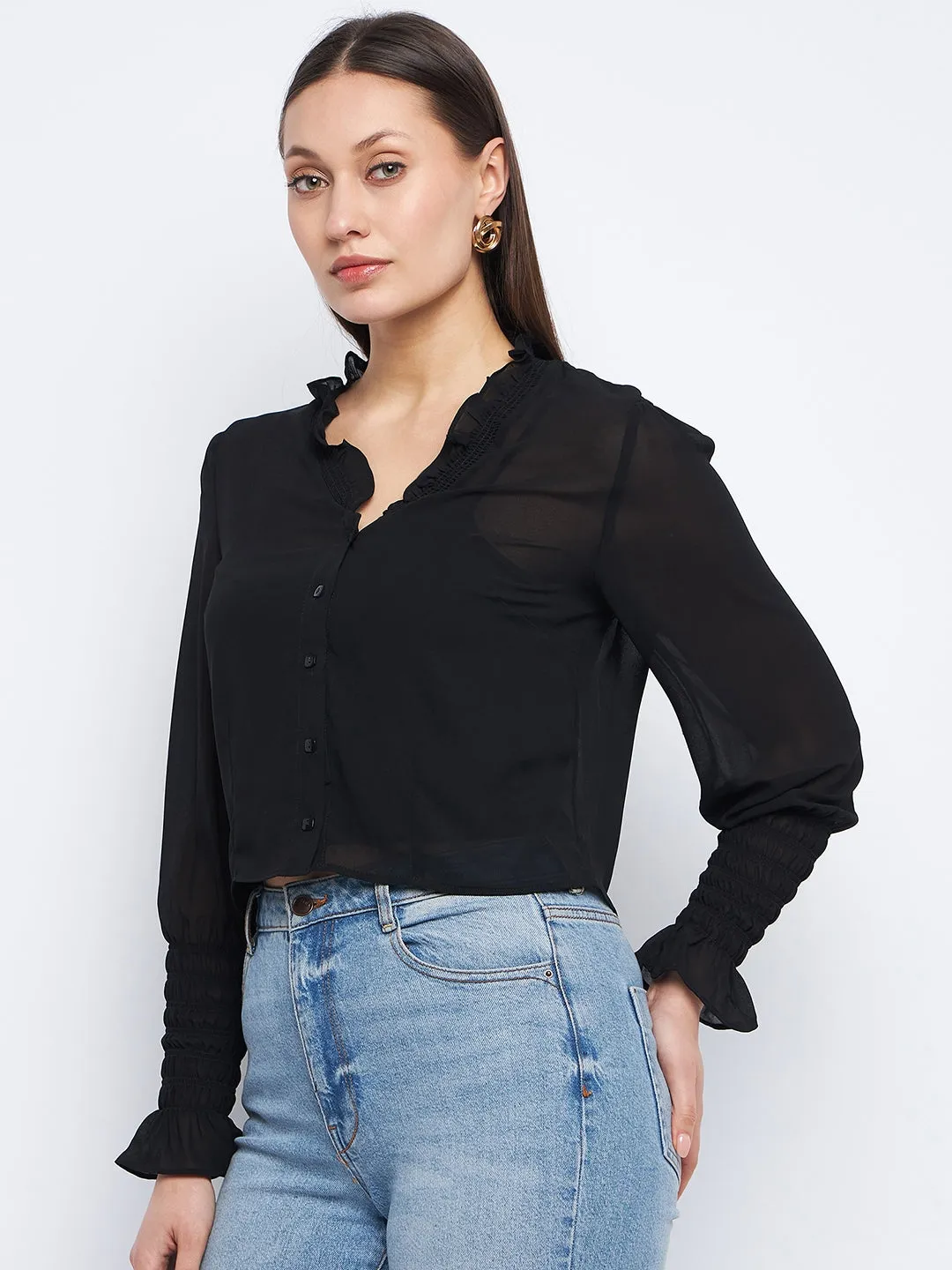 Madame Ruched Black Poet Sleeve Top Easy Cool