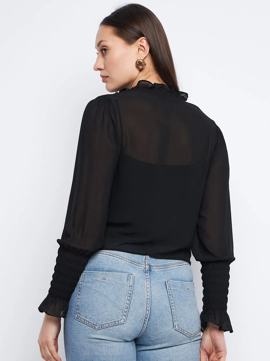 StainReleaseCoating Cozy Layers Madame Ruched Black Poet Sleeve Top