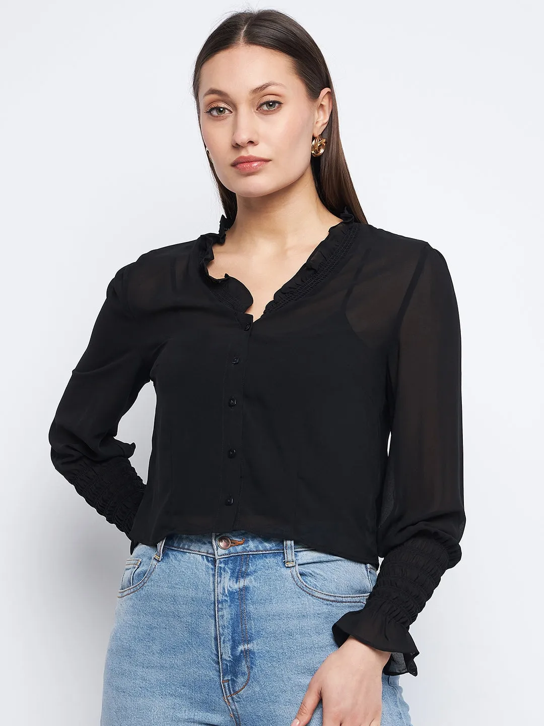 Planet Glow FlexibleCuff Madame Ruched Black Poet Sleeve Top