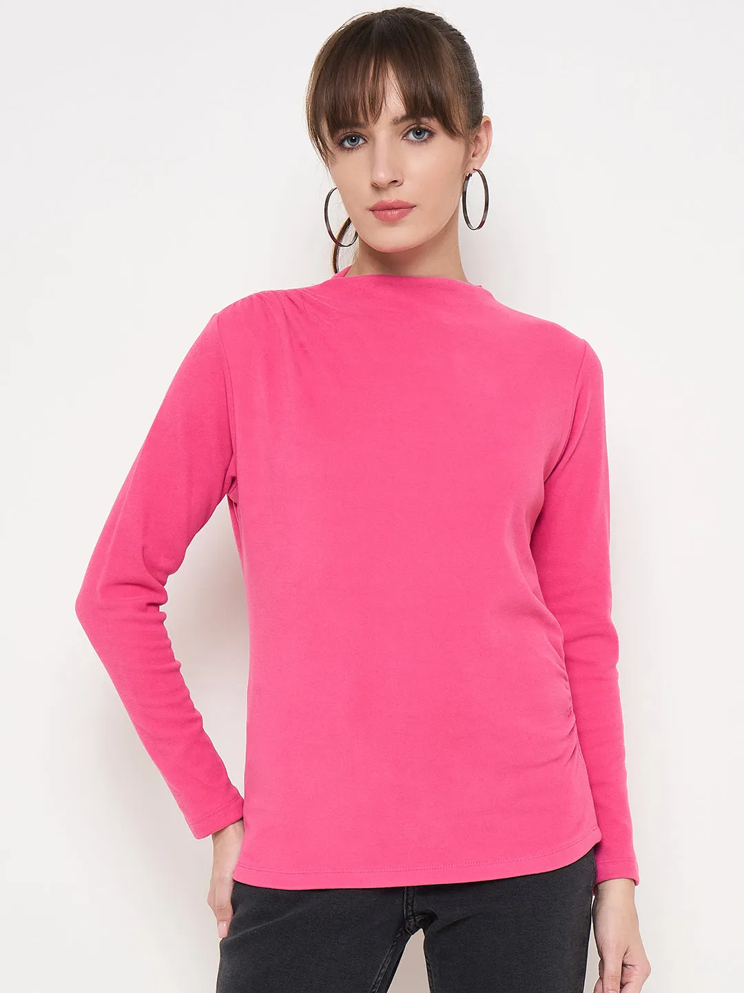 Madame Funnel Neck Full Sleeve Seam Detailed Solid Pink Knitted Top clean design