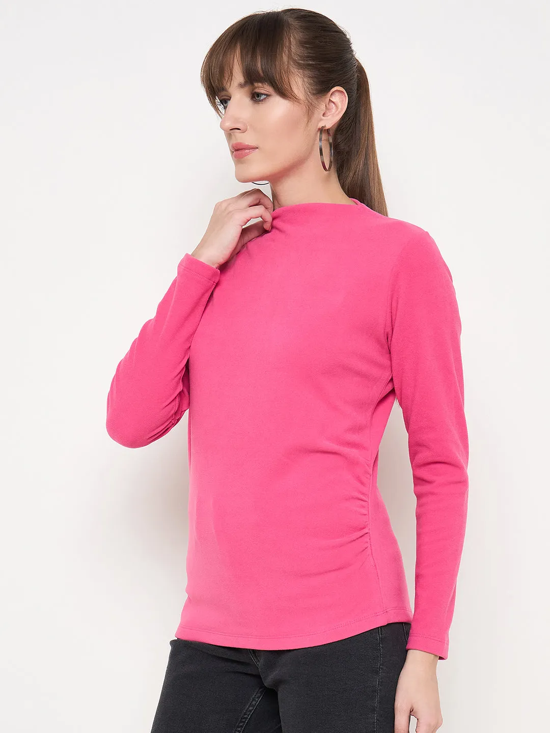 Madame Funnel Neck Full Sleeve Seam Detailed Solid Pink Knitted Top ComfortStretch EcoFriendly Textiles