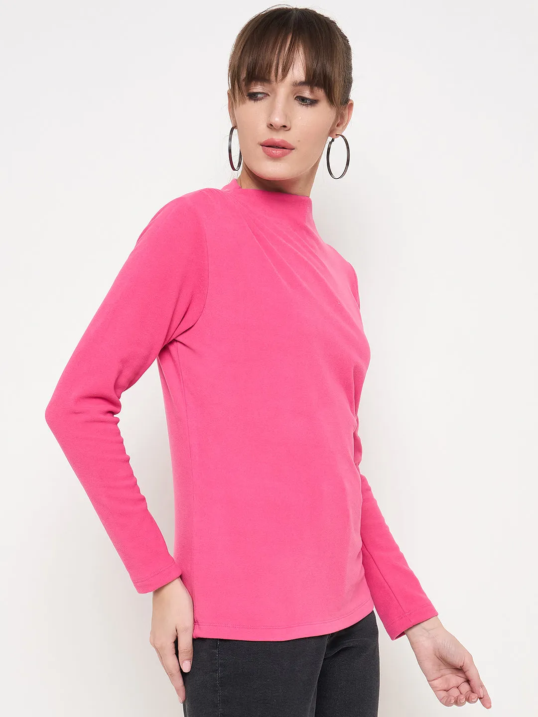 WaterRepellentFinish Dream Core Madame Funnel Neck Full Sleeve Seam Detailed Solid Pink Knitted Top