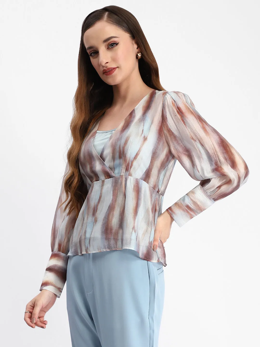 Earth Fit FlexibleCollarDesign Madame Abstract Print Cuff Sleeved Sky Blue Peplum Top