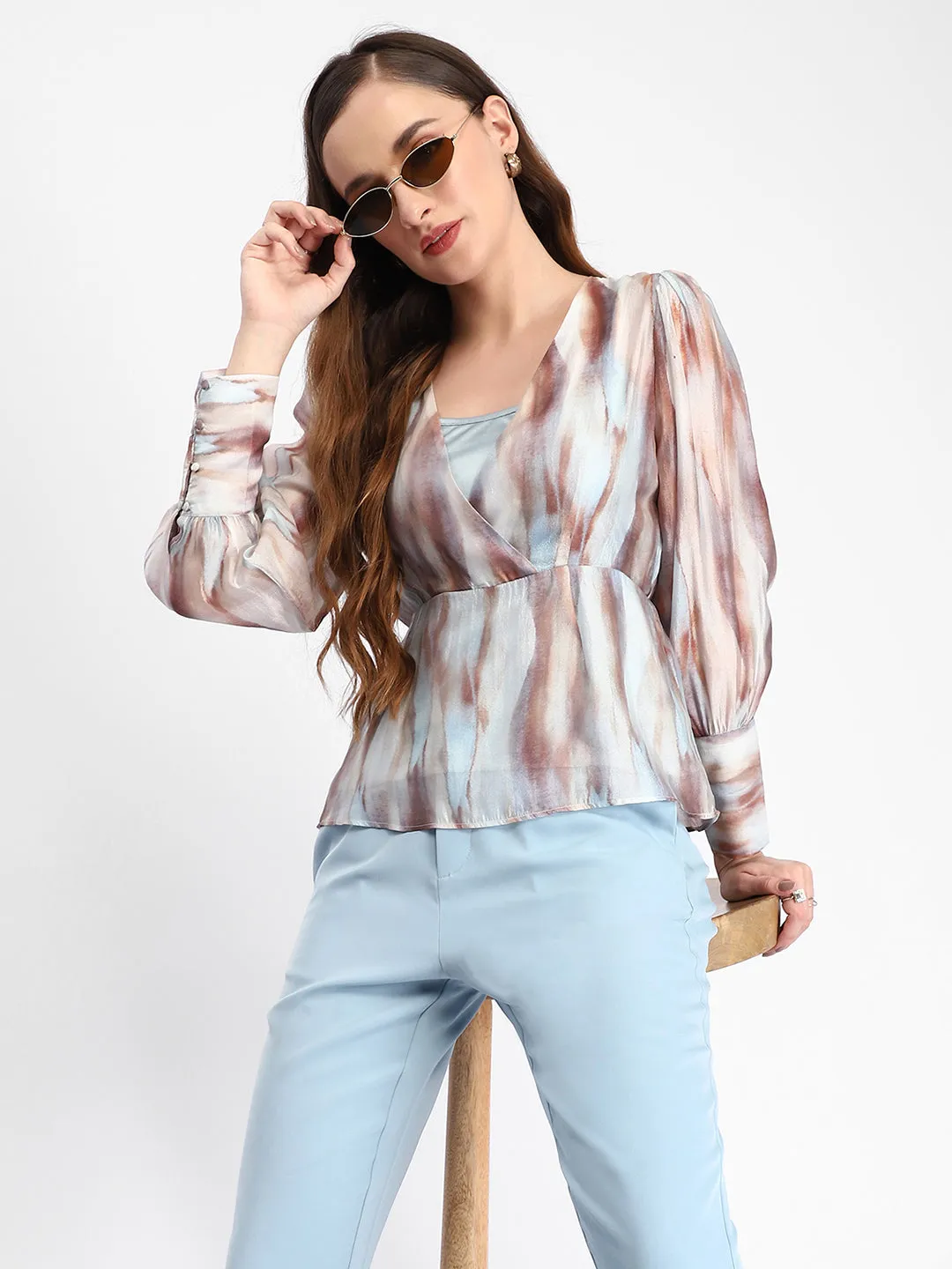 Madame Abstract Print Cuff Sleeved Sky Blue Peplum Top MoistureWicking Technology