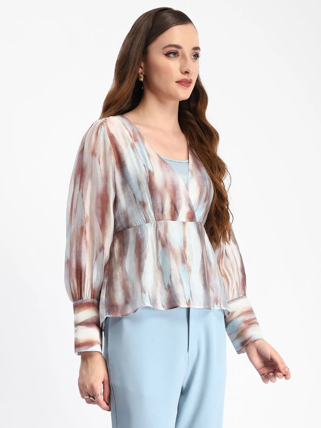 Sky Cool Madame Abstract Print Cuff Sleeved Sky Blue Peplum Top