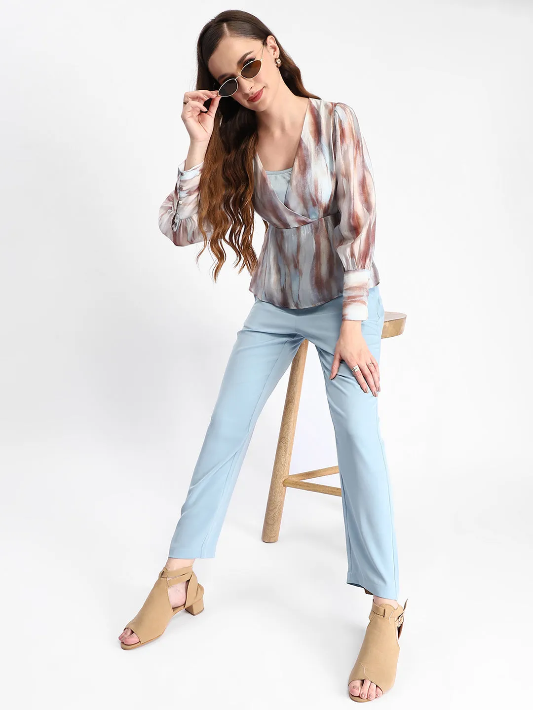 QuickDry Madame Abstract Print Cuff Sleeved Sky Blue Peplum Top