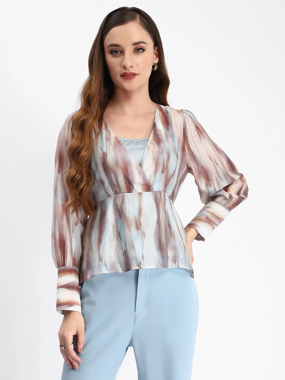 AbrasionResistant Madame Abstract Print Cuff Sleeved Sky Blue Peplum Top