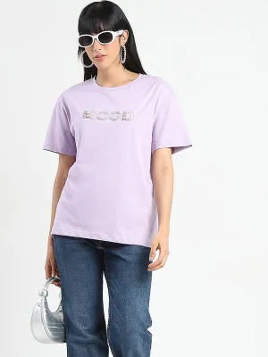 Slim Silhouette Casual and Soft Madame Embellished Typography Lilac Cotton T-Shirt