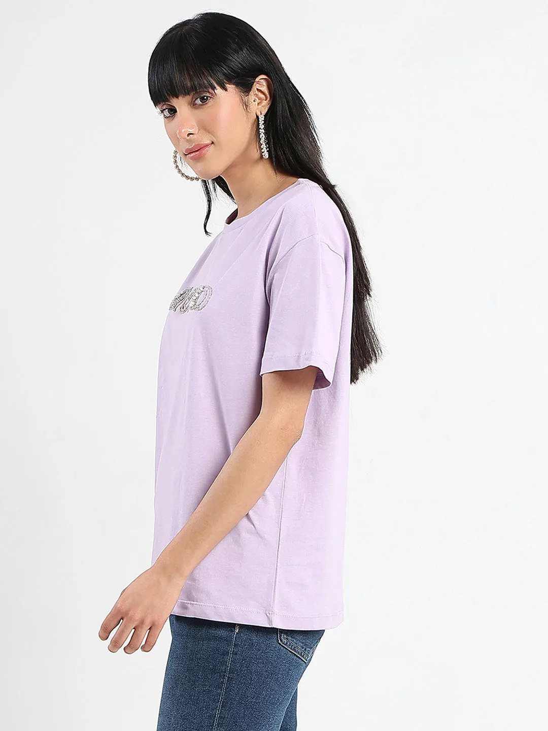 Seasonal Fashion Madame Embellished Typography Lilac Cotton T-Shirt