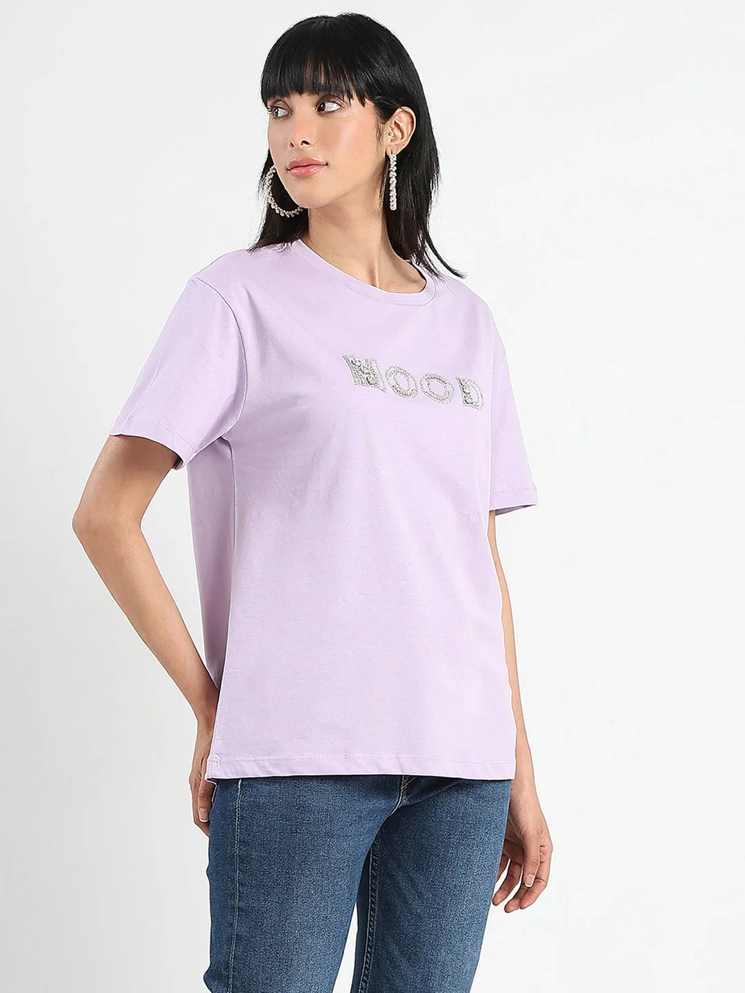 Minimalist Apparel Madame Embellished Typography Lilac Cotton T-Shirt