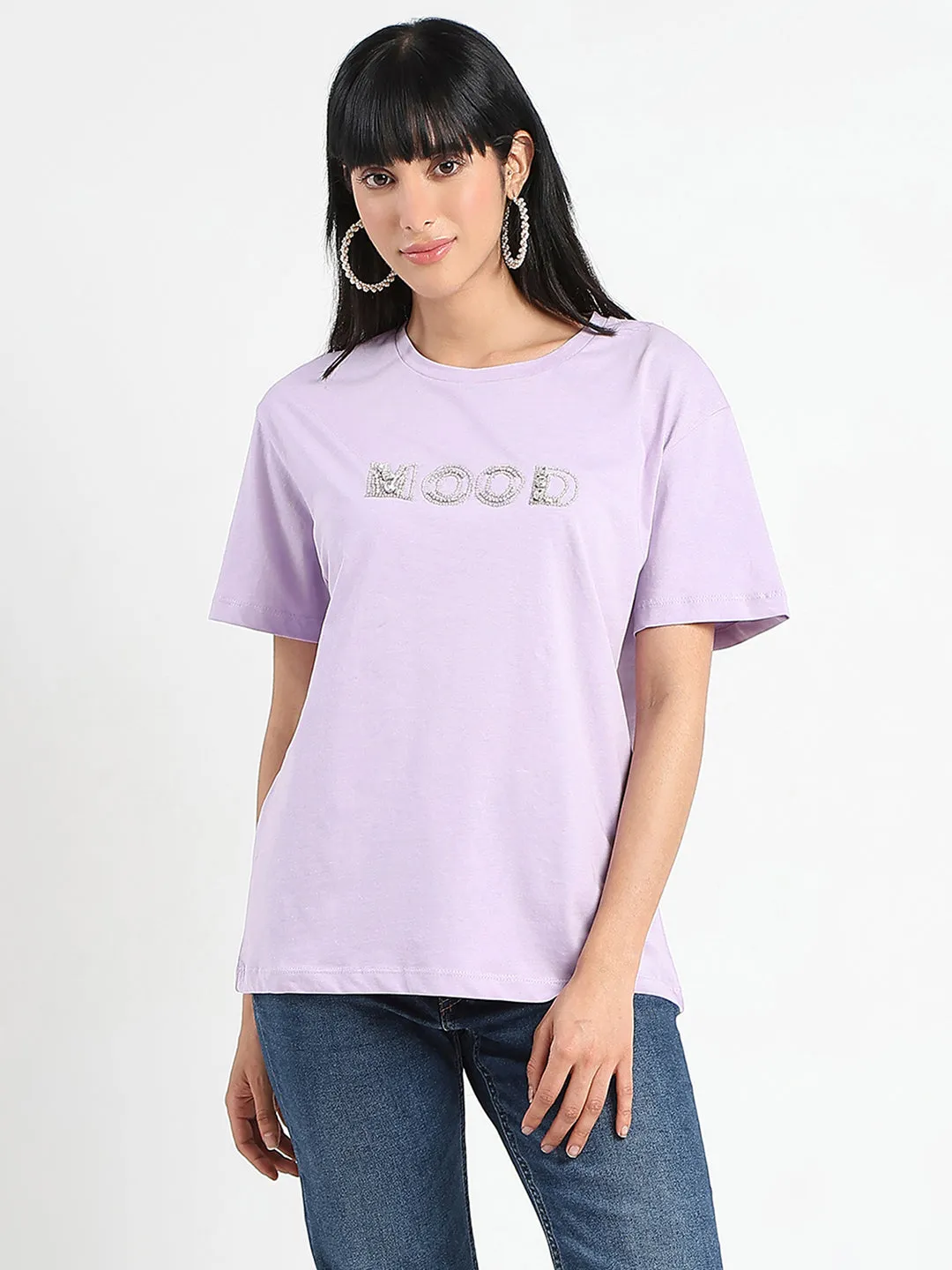 Madame Embellished Typography Lilac Cotton T-Shirt Quick Release Hem Casual Chic