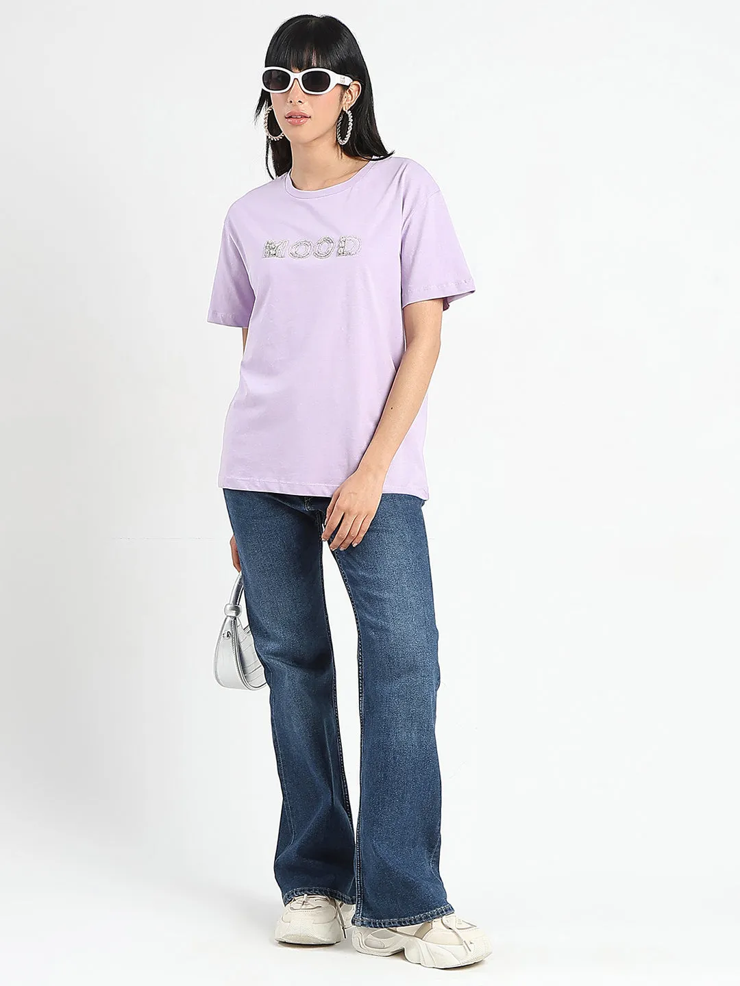Chill Fit Non Fading Material Madame Embellished Typography Lilac Cotton T-Shirt