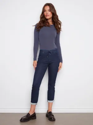 Quick Release Closure Knit Denim Jogger Pants - Blue Black