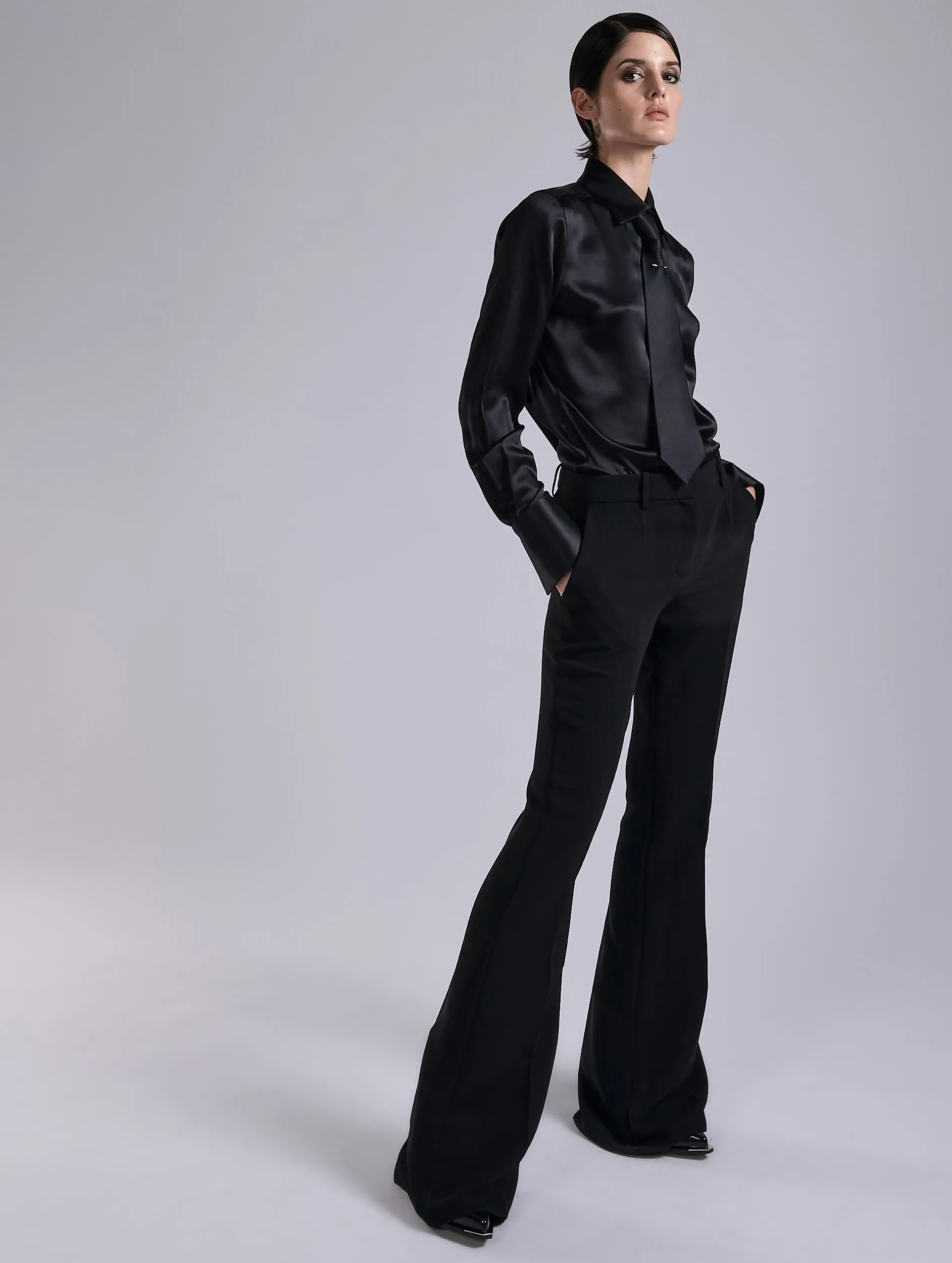 Elasticized Cuffs No Gap Waistband Black crepe bootleg trousers