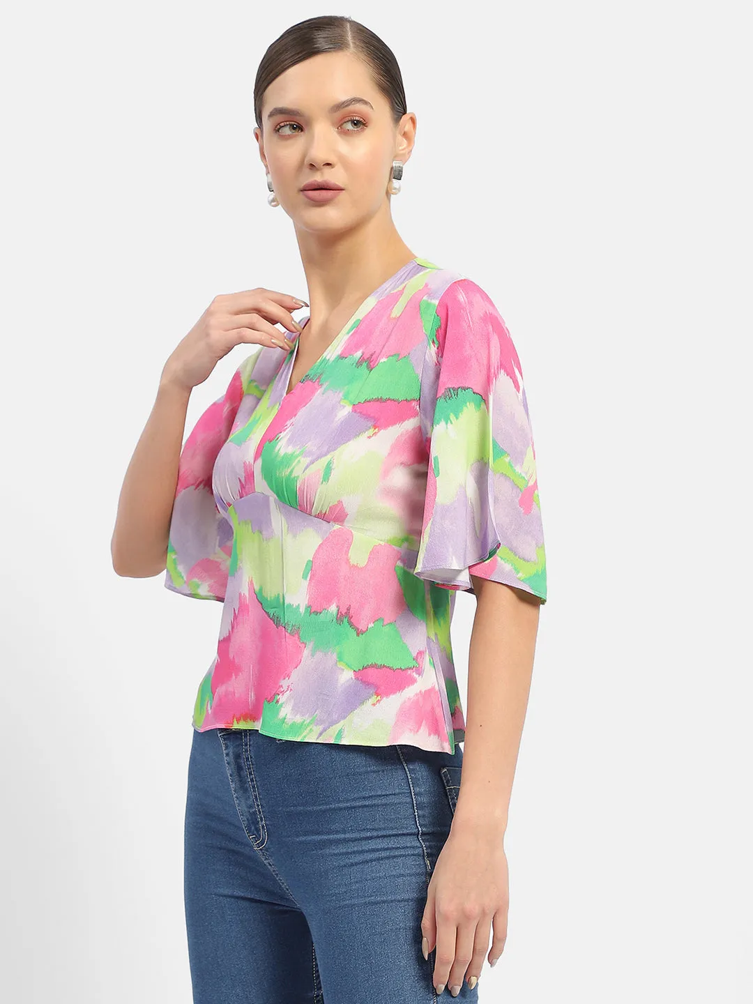 Madame Floral Print Pink Flutter Sleeve Top HeavyDuty Zipper Lightweight Construction