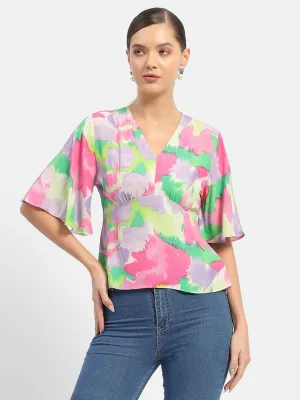 Madame Floral Print Pink Flutter Sleeve Top Airflow Mesh Panels