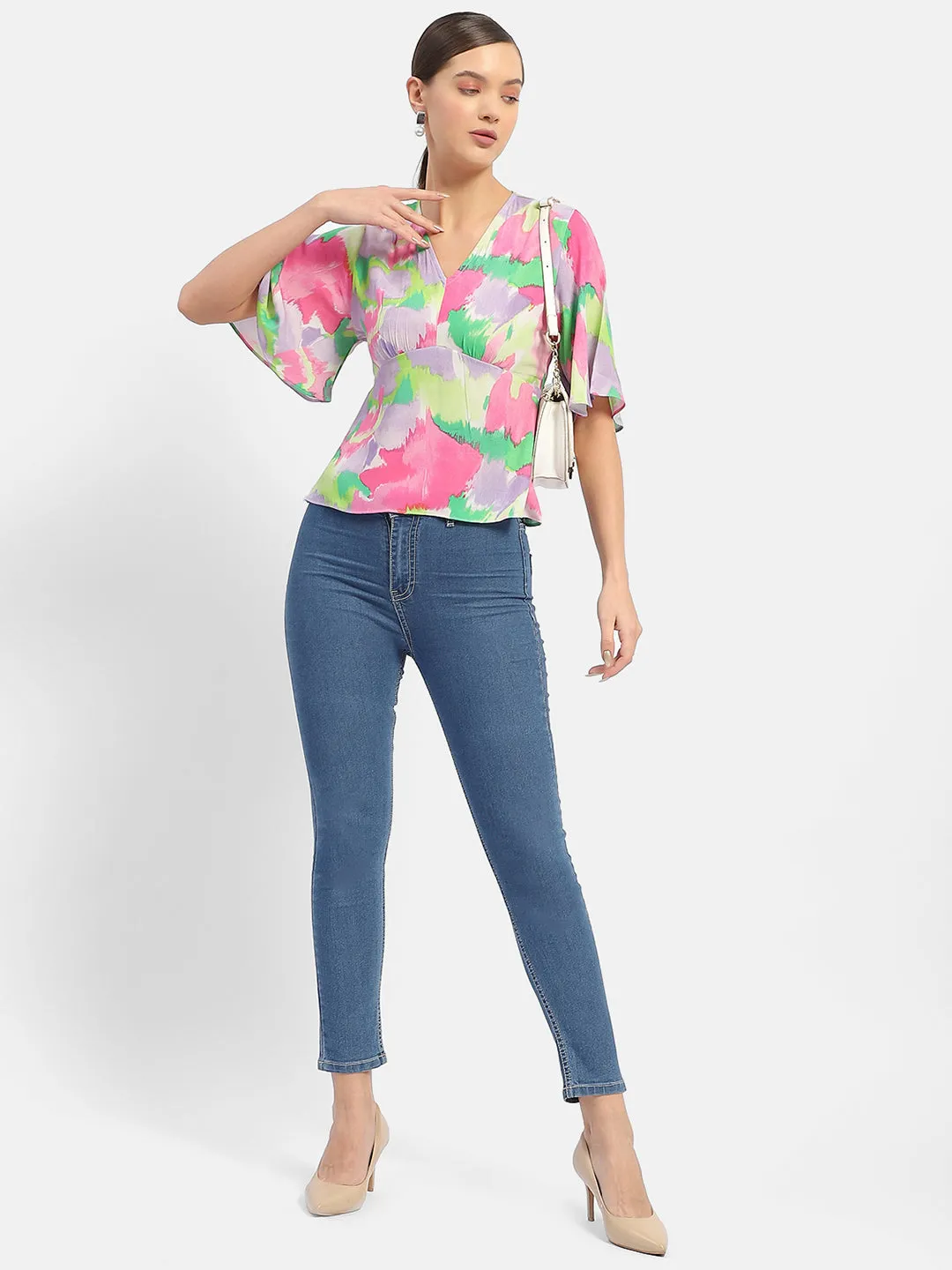 OdorControl Treatment Madame Floral Print Pink Flutter Sleeve Top