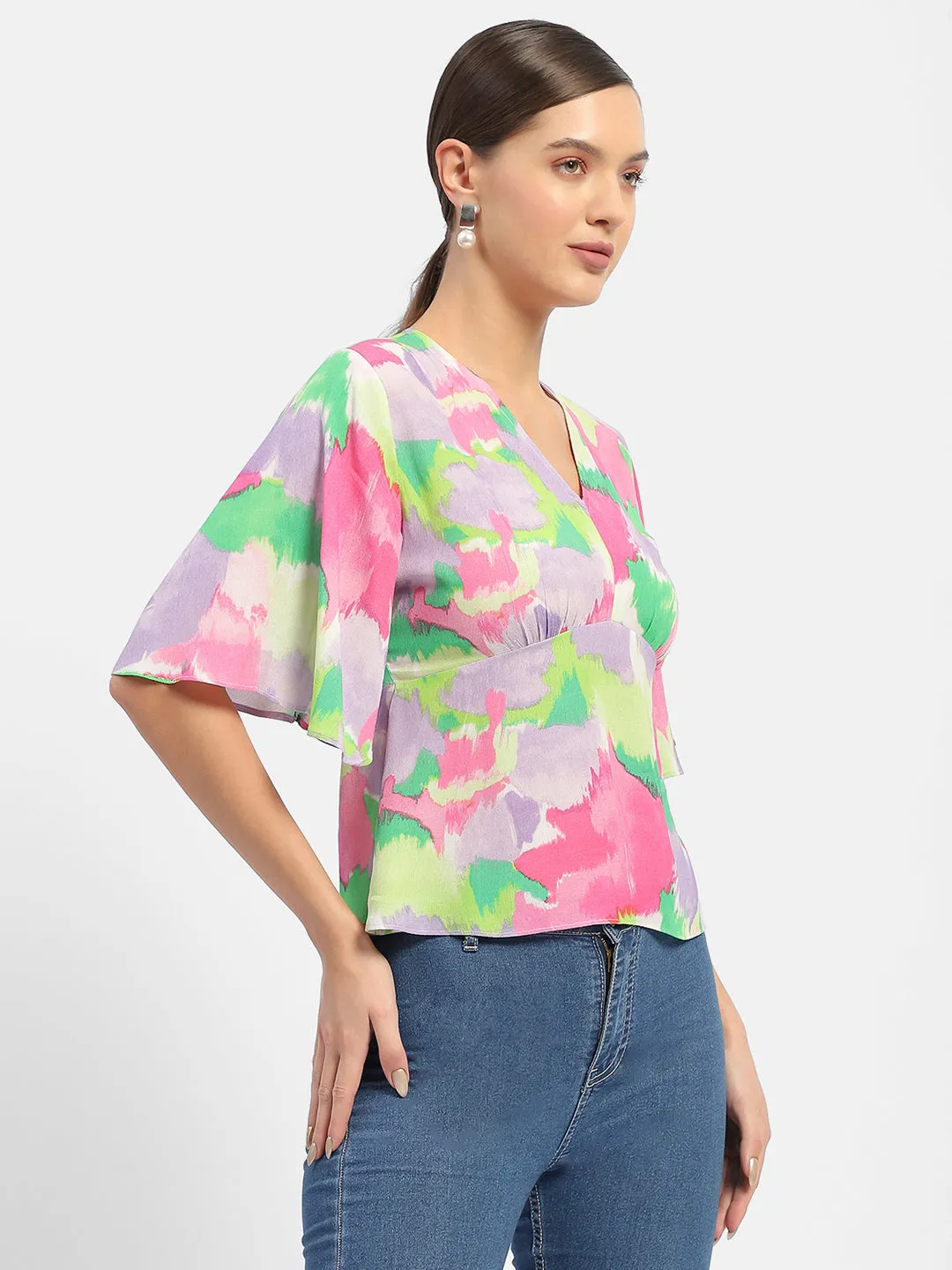 Lightweight Vest Design Glow Madame Floral Print Pink Flutter Sleeve Top