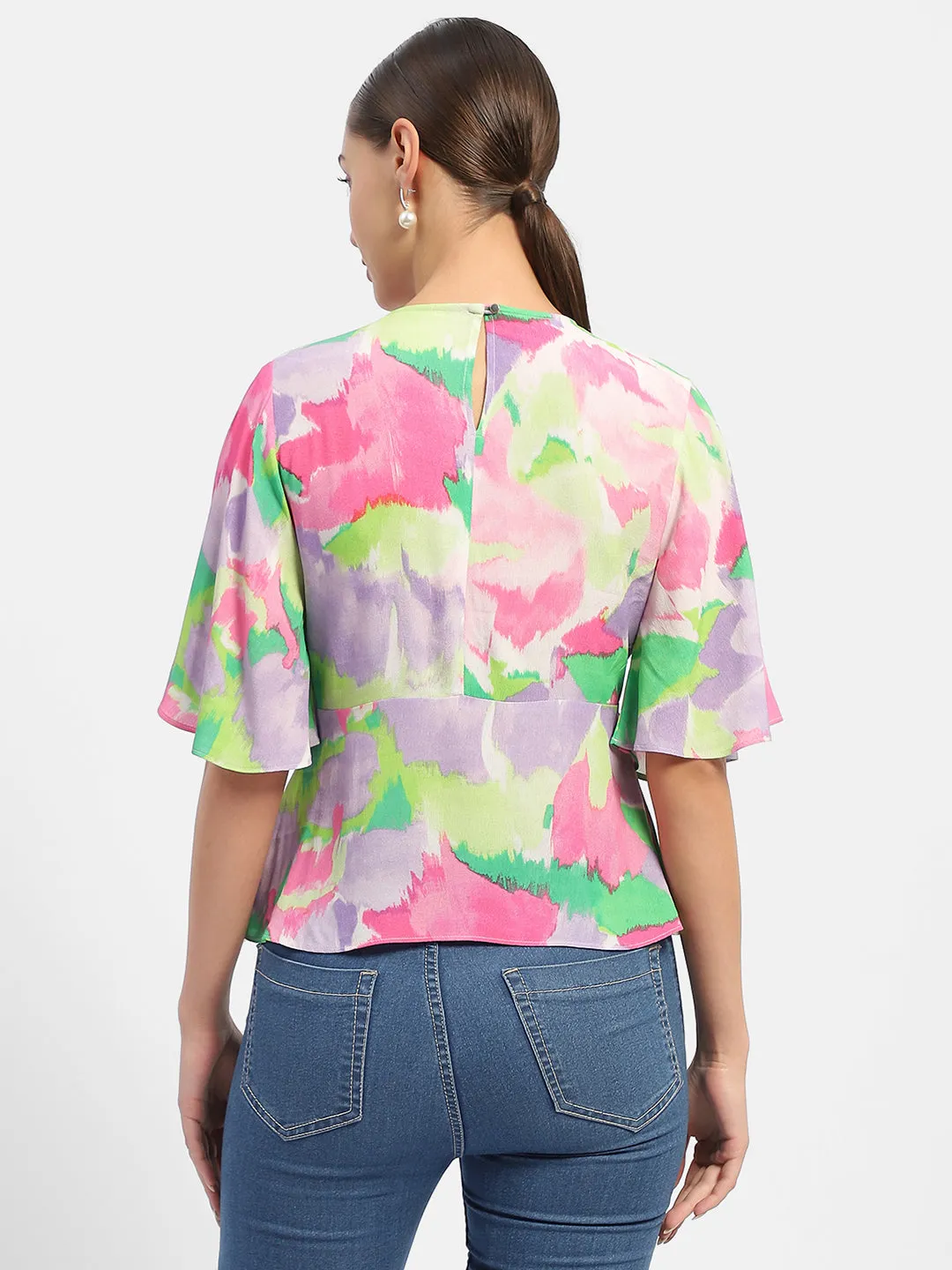 Loose Fit Flexible Outerwear Madame Floral Print Pink Flutter Sleeve Top