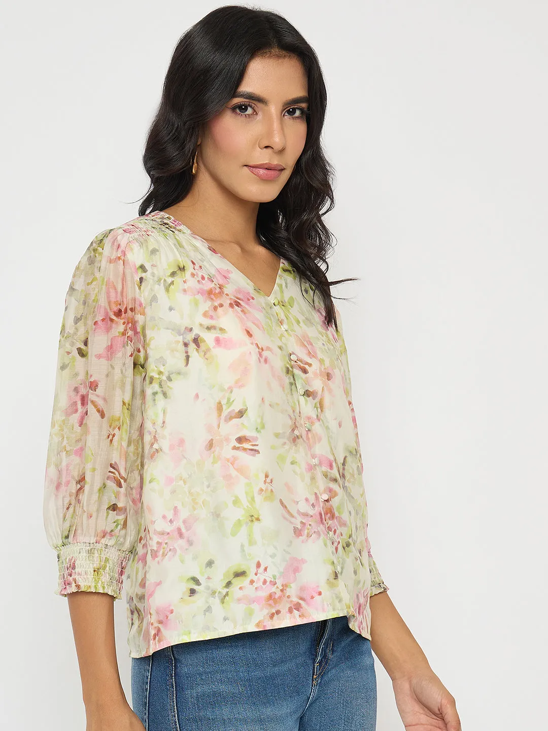 Madame Floral Print Ruffle Detail Cotton Green Peplum Top Earth Glow Trendy Top