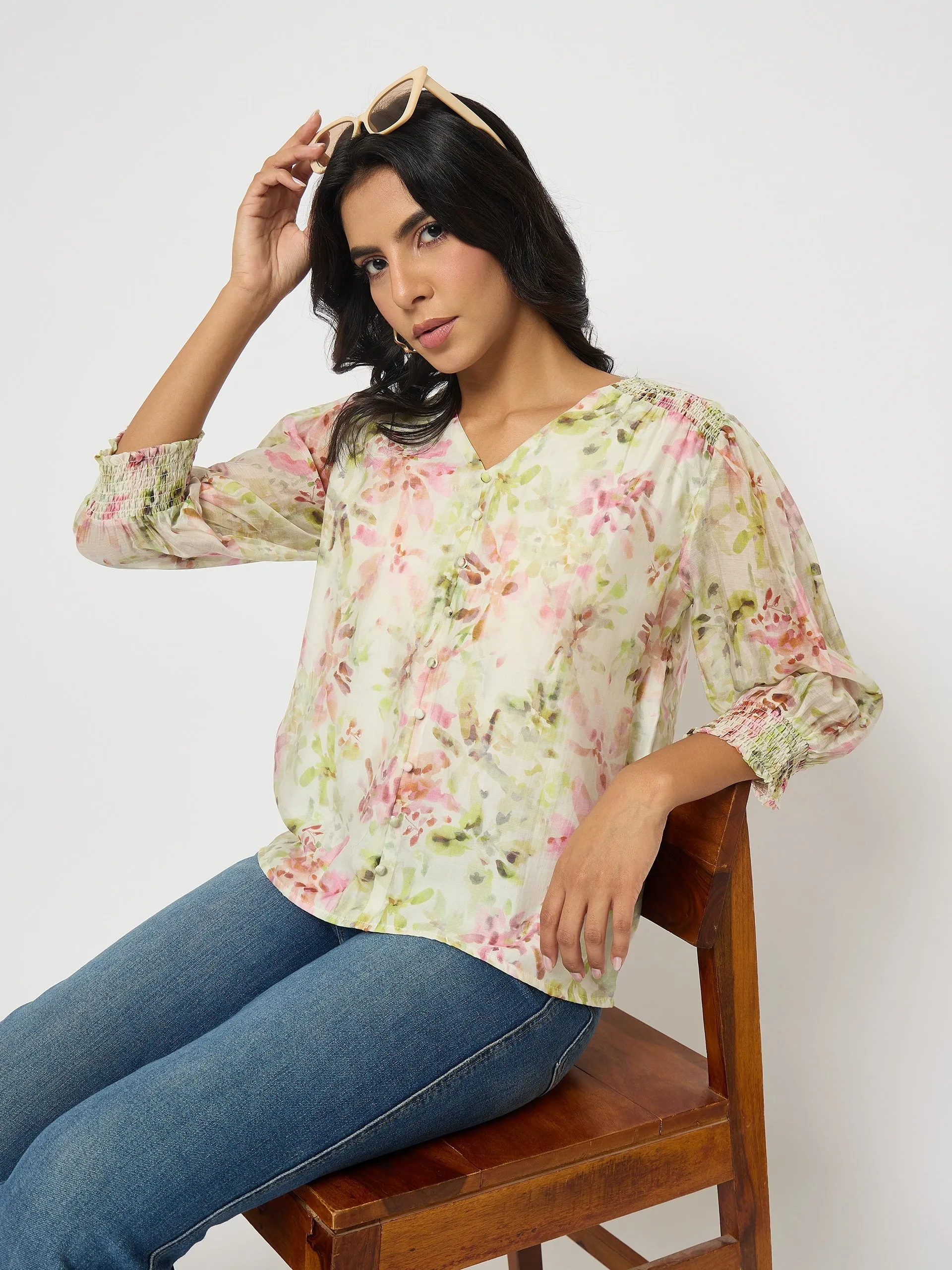 Code Soul Madame Floral Print Ruffle Detail Cotton Green Peplum Top