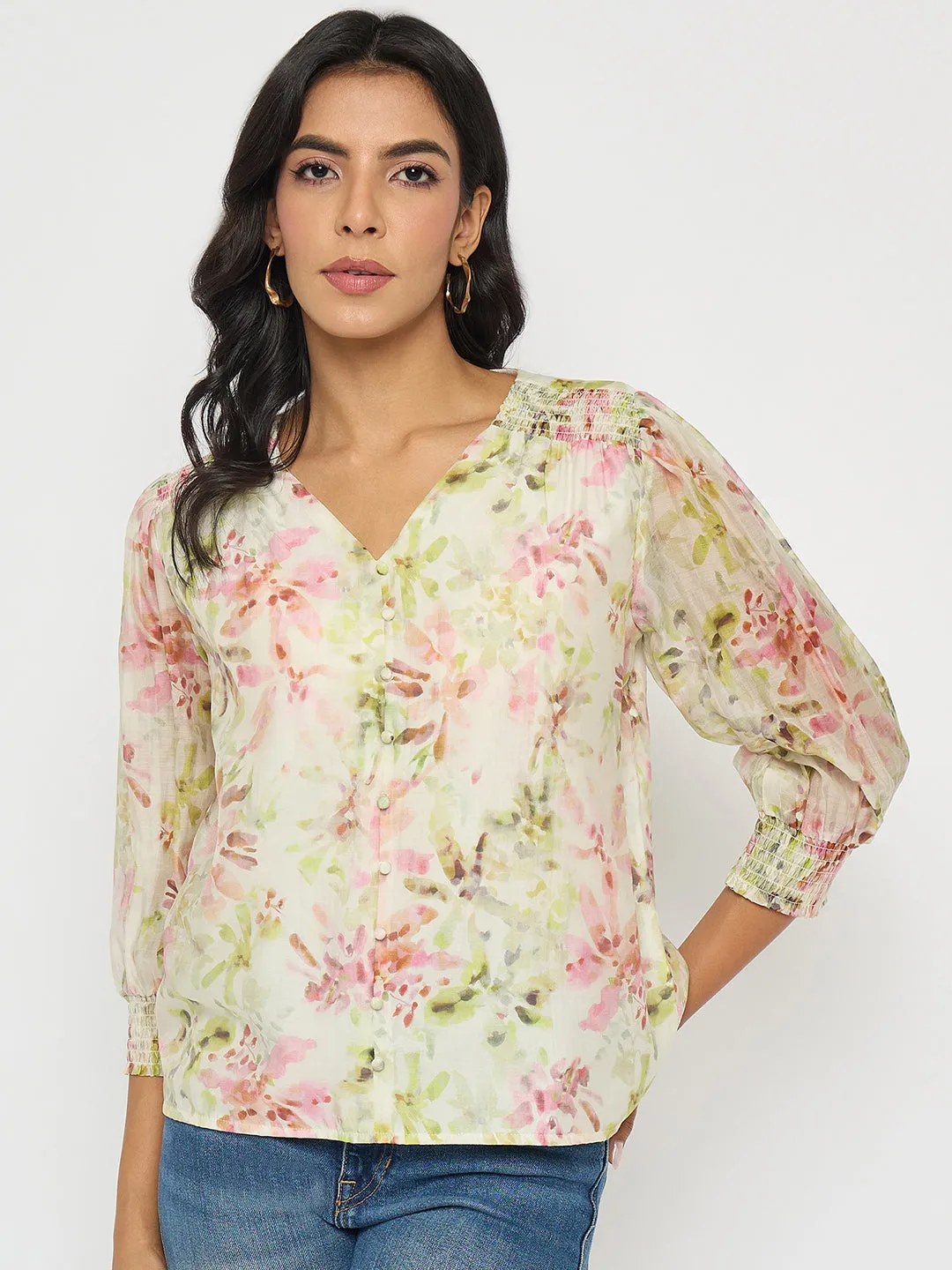 Free Fit Strong Edge Madame Floral Print Ruffle Detail Cotton Green Peplum Top