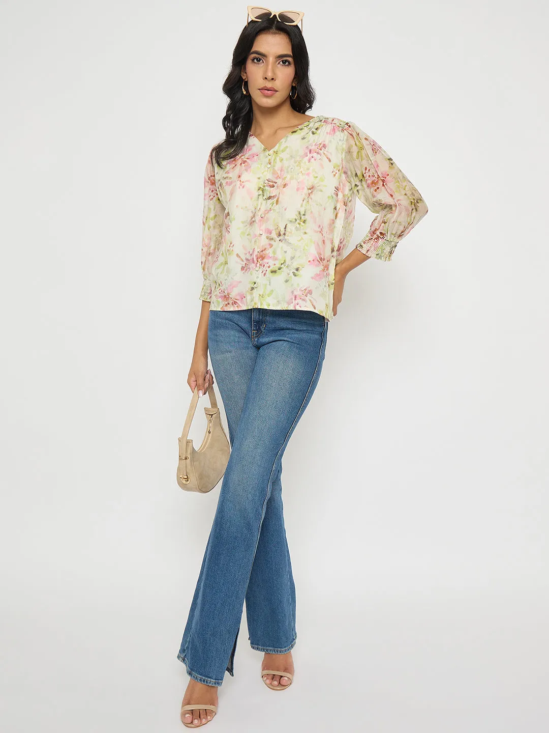 Madame Floral Print Ruffle Detail Cotton Green Peplum Top Fresh Glow
