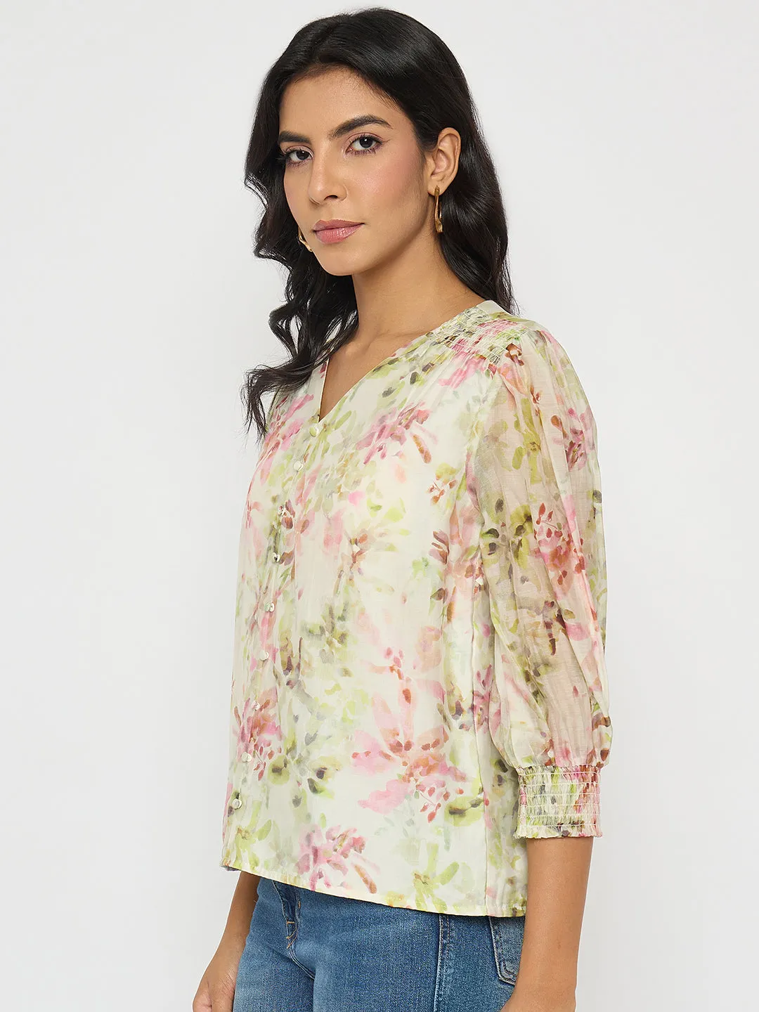 slow life Madame Floral Print Ruffle Detail Cotton Green Peplum Top