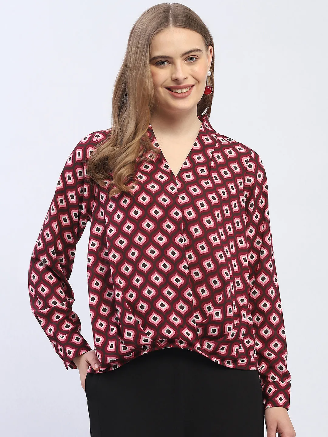 simple design EcoFriendlyTextile Madame Geometric Print Maroon Regular Top