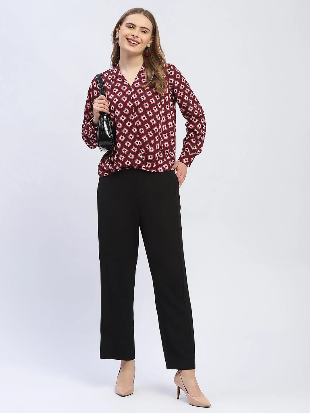 Sunset Scene Daily Fit Madame Geometric Print Maroon Regular Top