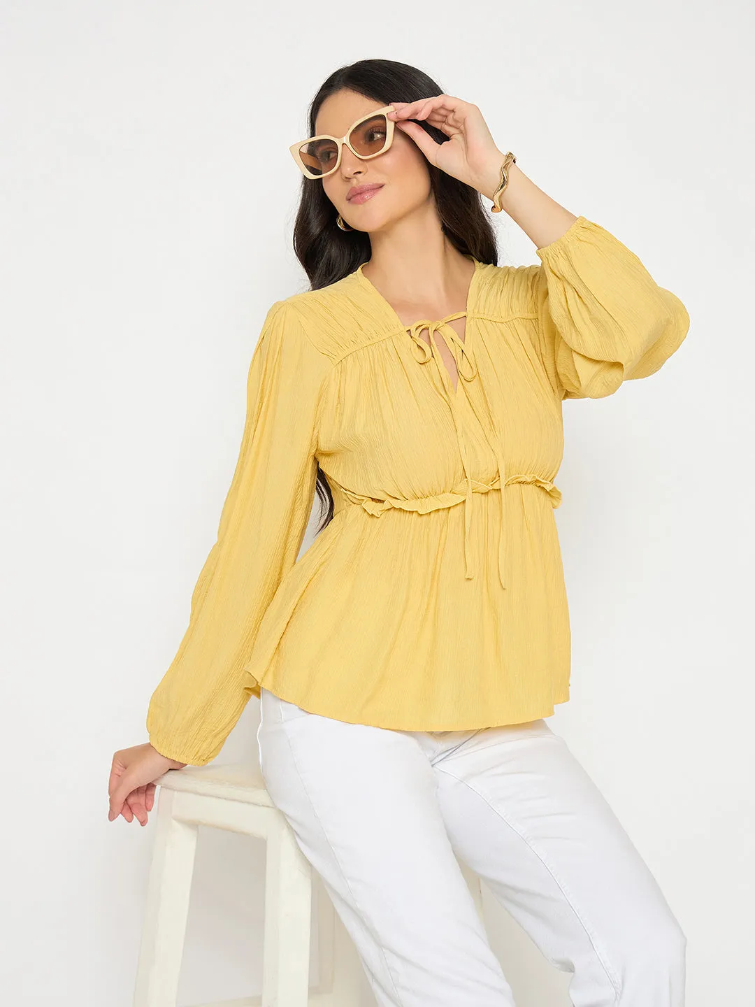 Madame Cinch Waist Yellow Peplum Top QuickDry Construction Glitter Glow