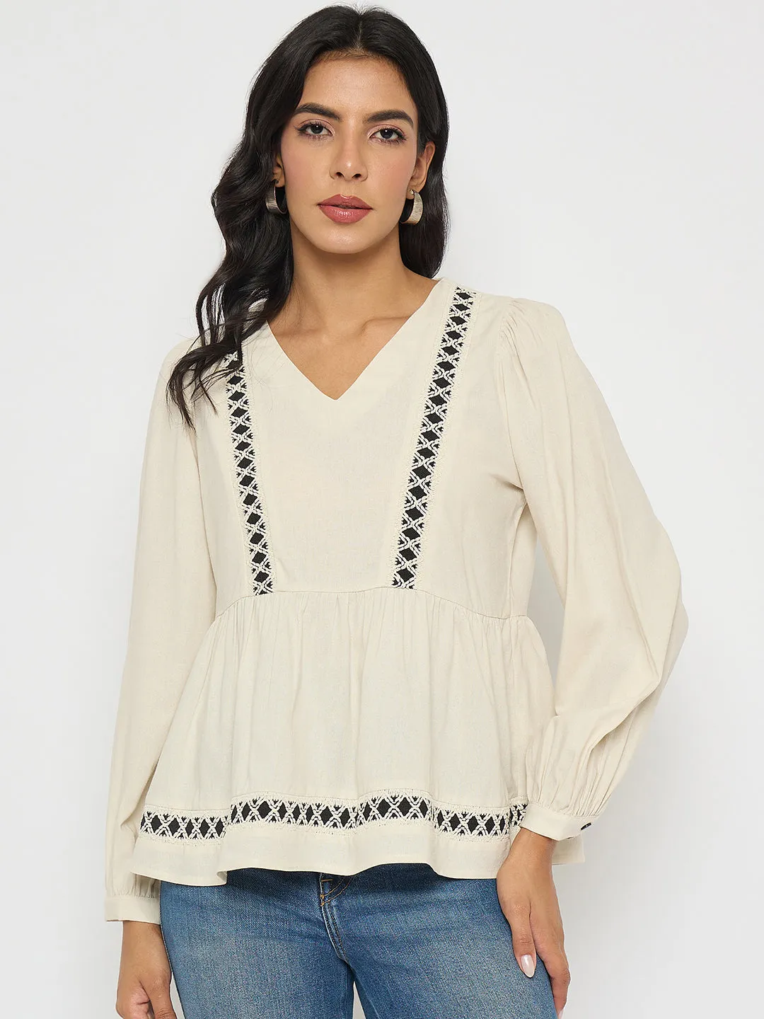 Flexible Hemline ReinforcedStitching Madame Geometric Pattern Embroidery Rayon Blend Off White Top