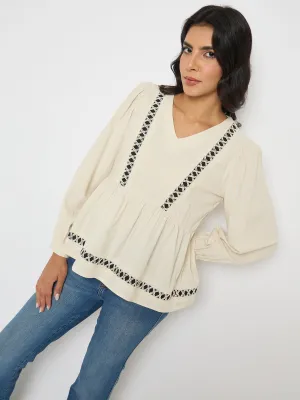 Sustainable Wear Glam Night Madame Geometric Pattern Embroidery Rayon Blend Off White Top