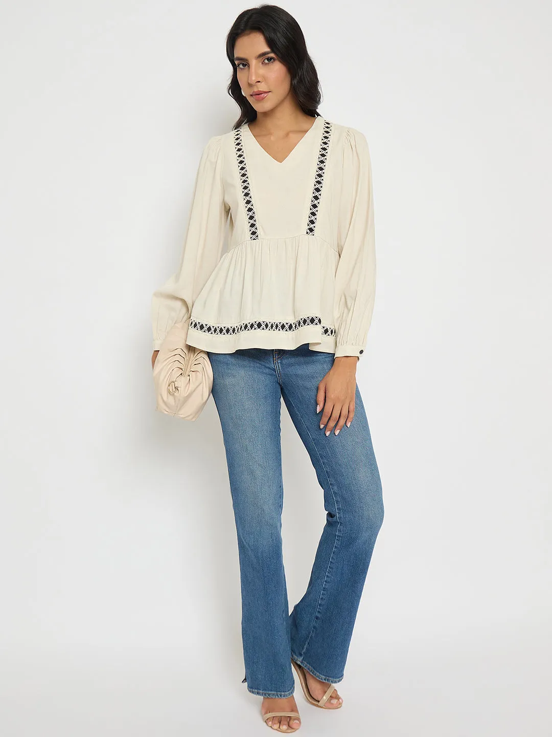 Madame Geometric Pattern Embroidery Rayon Blend Off White Top Sprint Fit FlexSeamTechnology