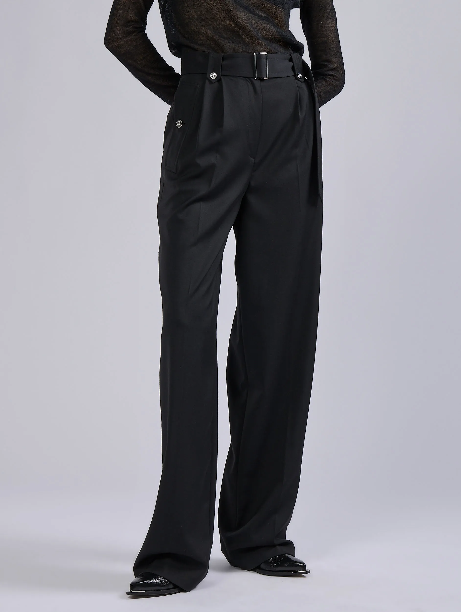 Black stretch wool gabardine high-waist trousers Tagless Design