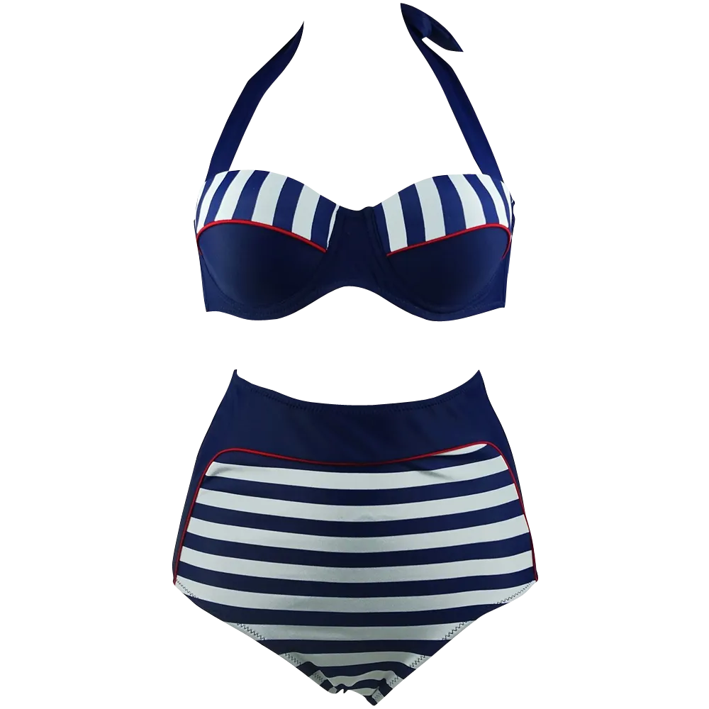 Cocoship Retro Navy Blue Stripe  Bikini Swimsuit Built In Ties
