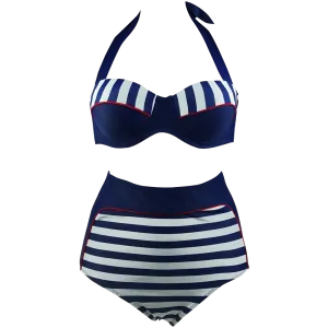 Cocoship Retro Navy Blue Stripe  Bikini Swimsuit Built In Ties