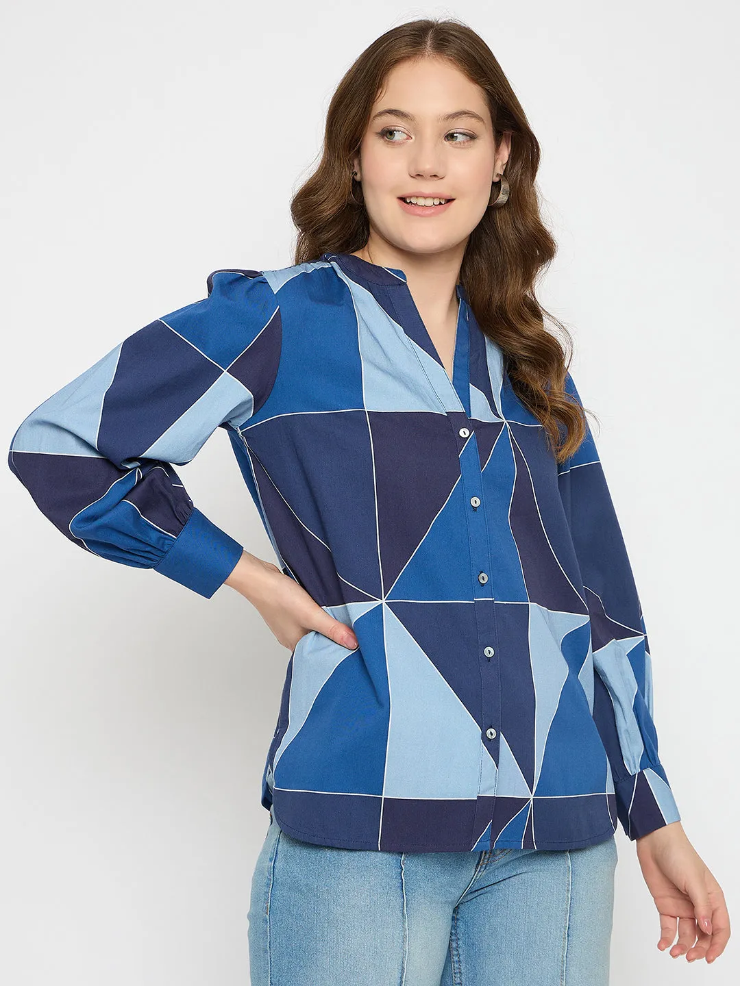 Madame Geometric Print Navy Blue Cotton Top Heroine Glow