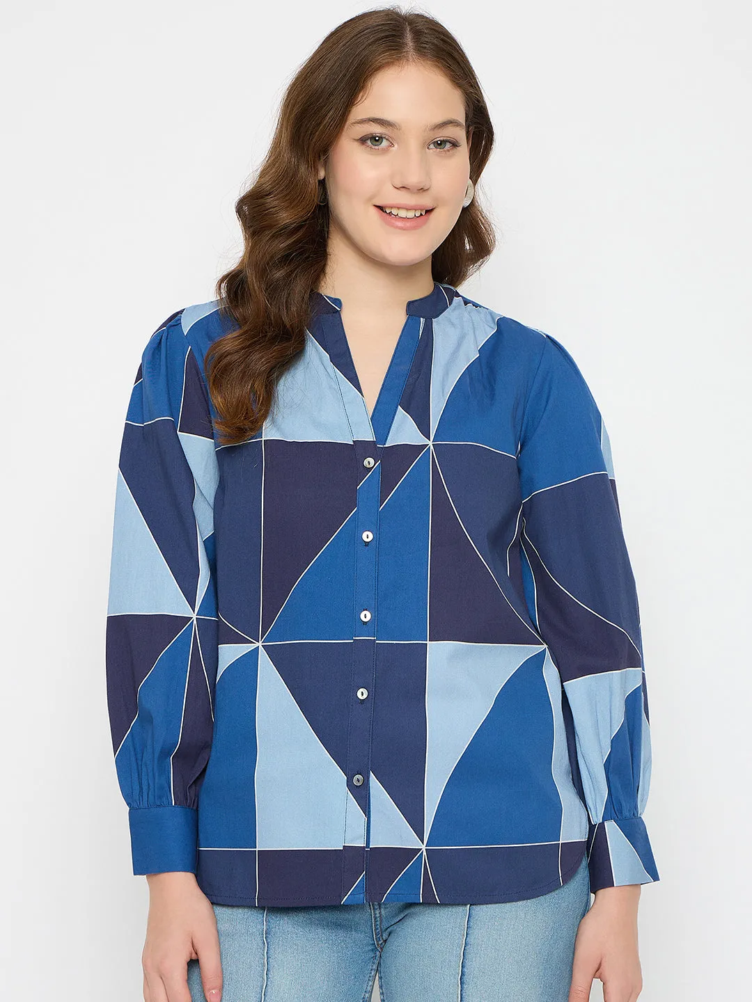 Madame Geometric Print Navy Blue Cotton Top Professional Look WindResistantWeave