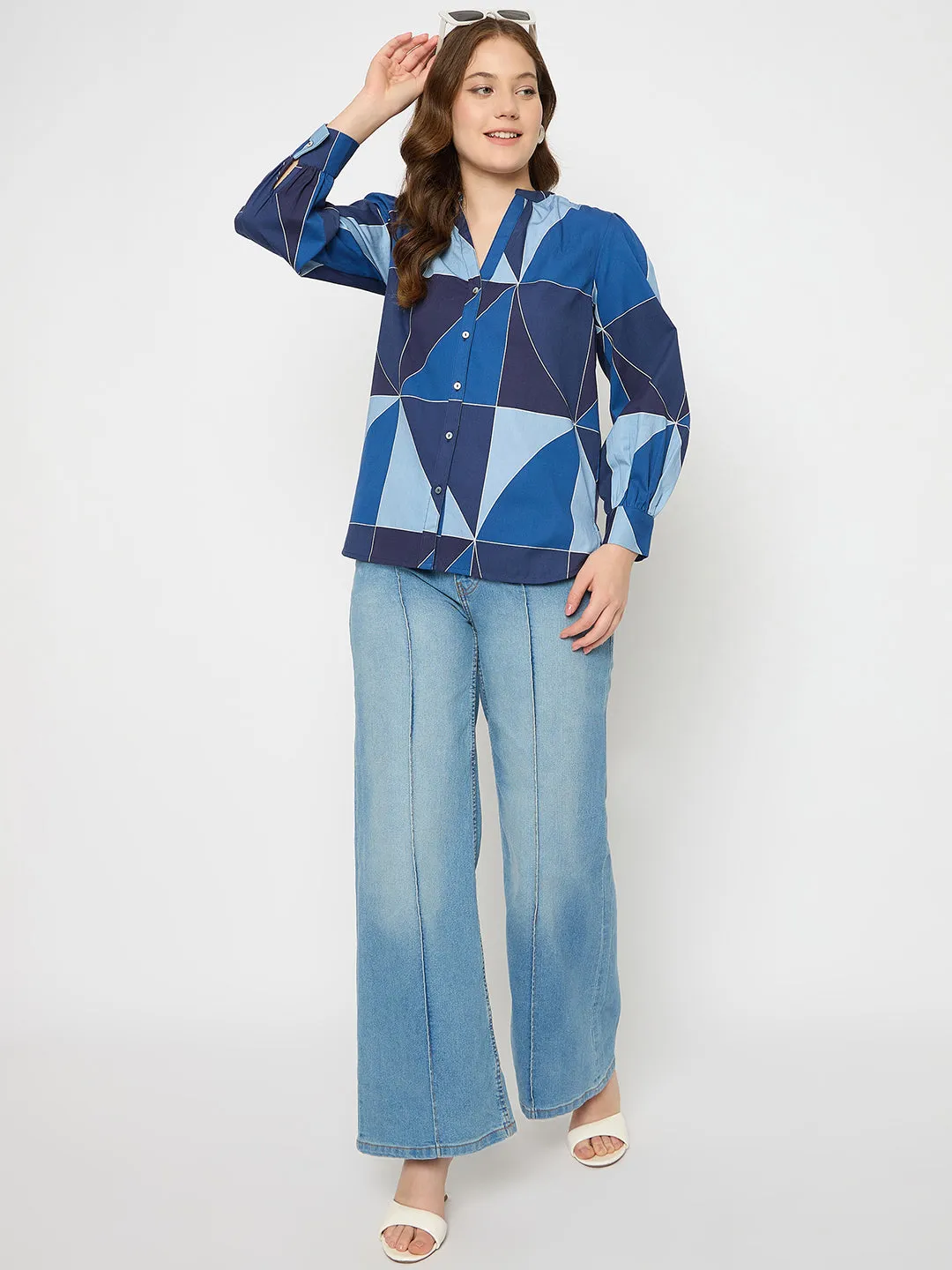 SnagFree Fabric Madame Geometric Print Navy Blue Cotton Top