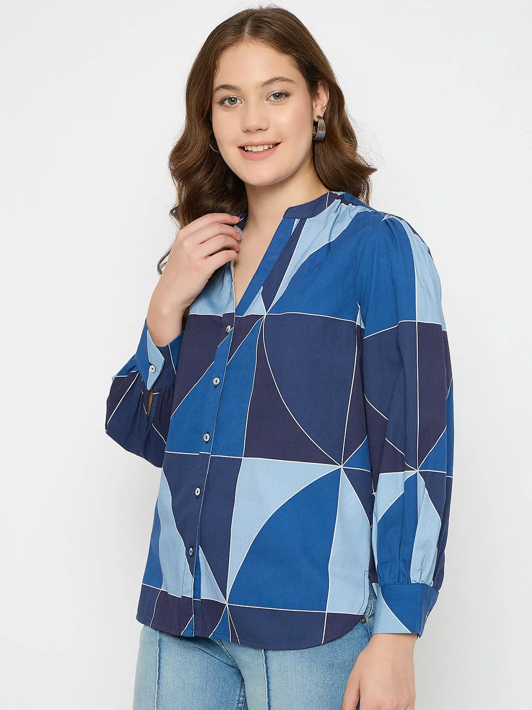 Cool Hooded Jacket Madame Geometric Print Navy Blue Cotton Top