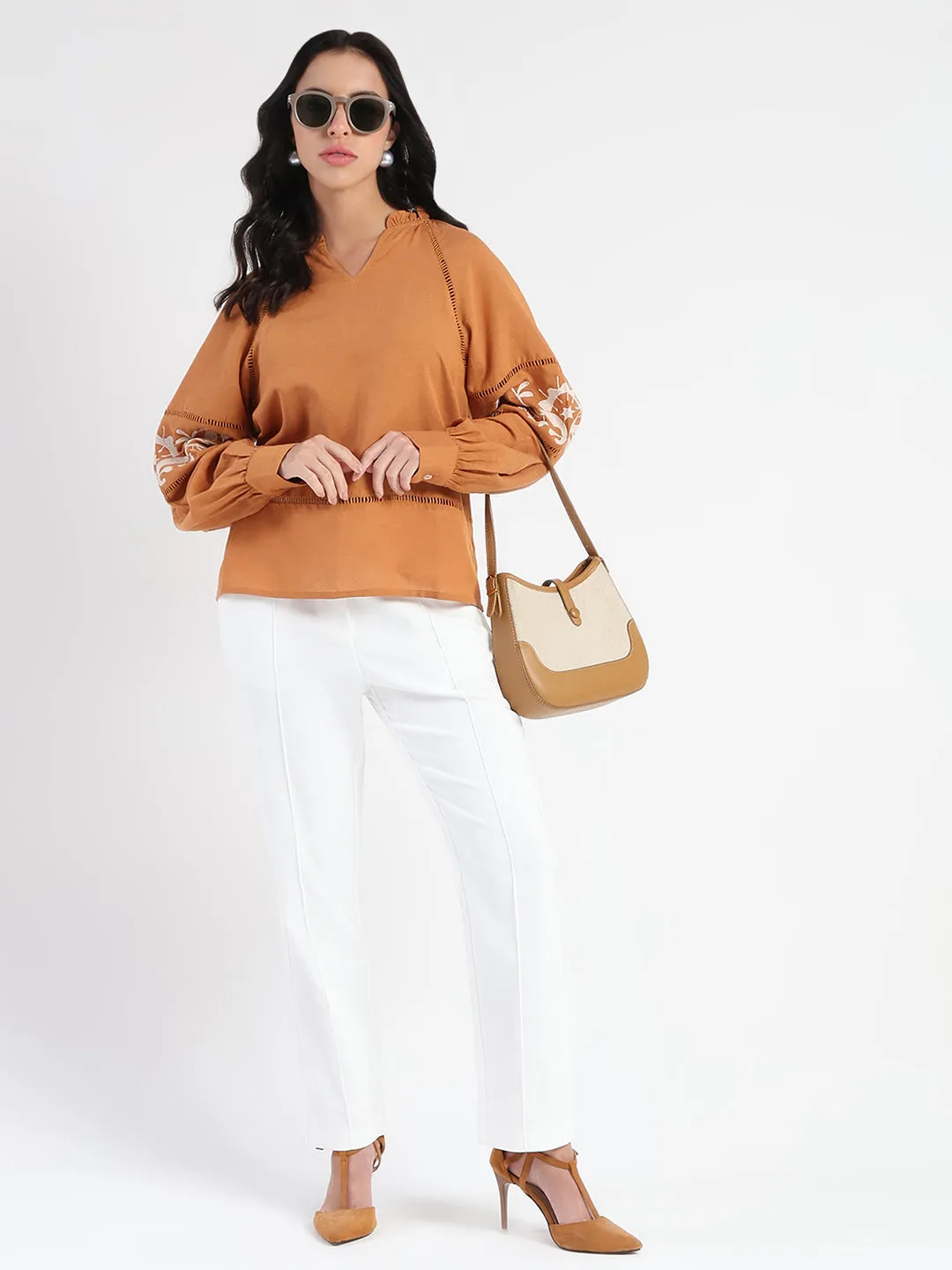 Timeless Dress Madame Smocked Lace Detailed Tan Brown Top