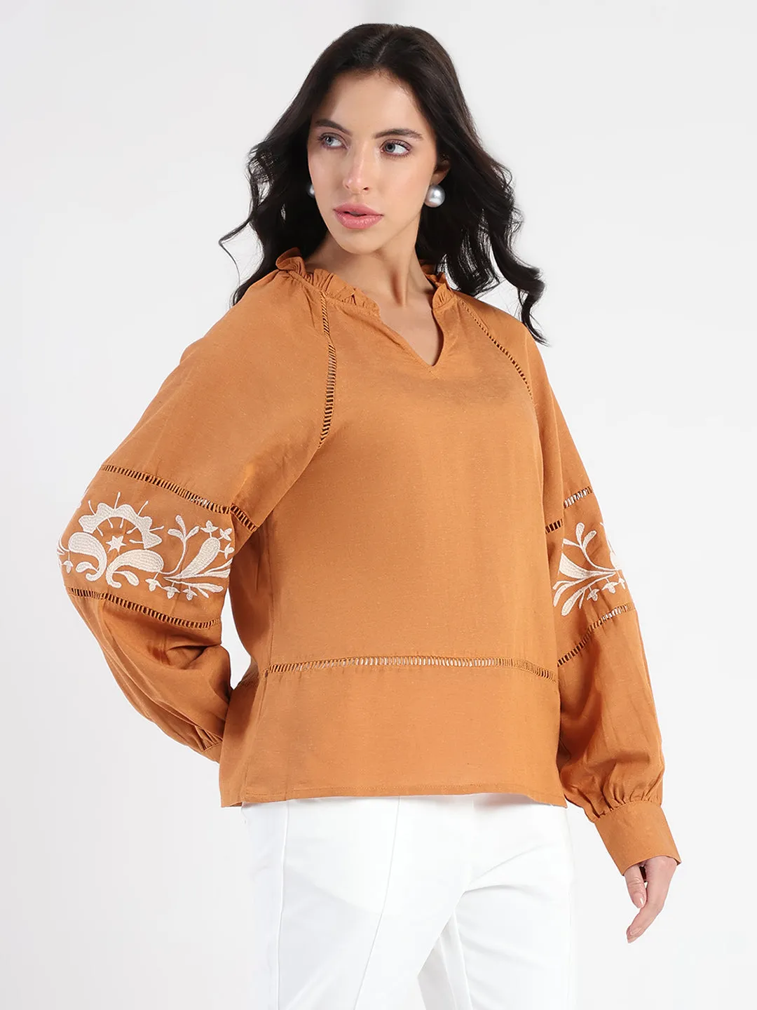 Madame Smocked Lace Detailed Tan Brown Top Timeless Cardigan
