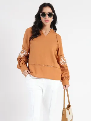 Madame Smocked Lace Detailed Tan Brown Top Wardrobe Essential Comfortable Lounge