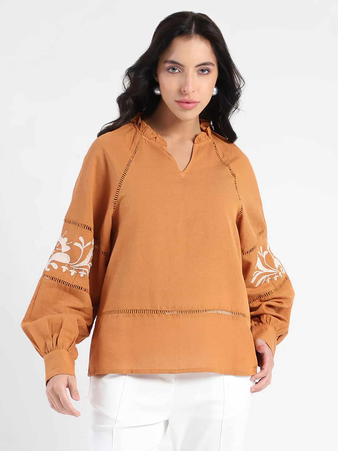 VentilatedKnit Madame Smocked Lace Detailed Tan Brown Top