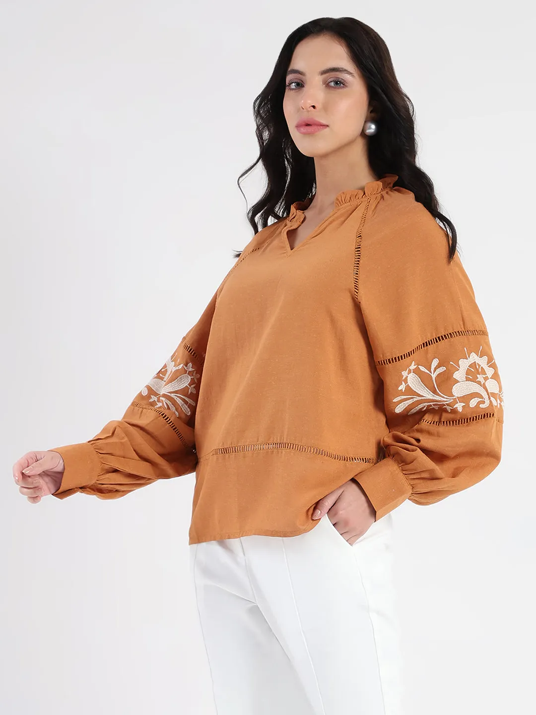 Art Mood Madame Smocked Lace Detailed Tan Brown Top