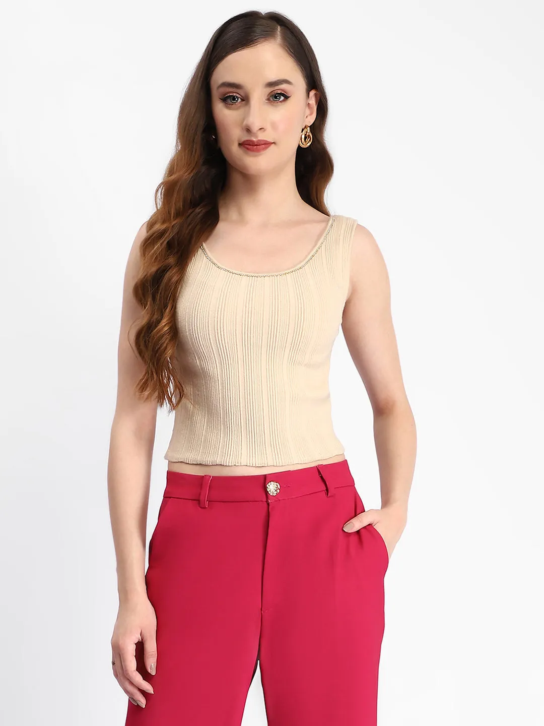 QuickRelease Fasteners SnagResistant Weave Madame Beige Sleeveless Knit Top