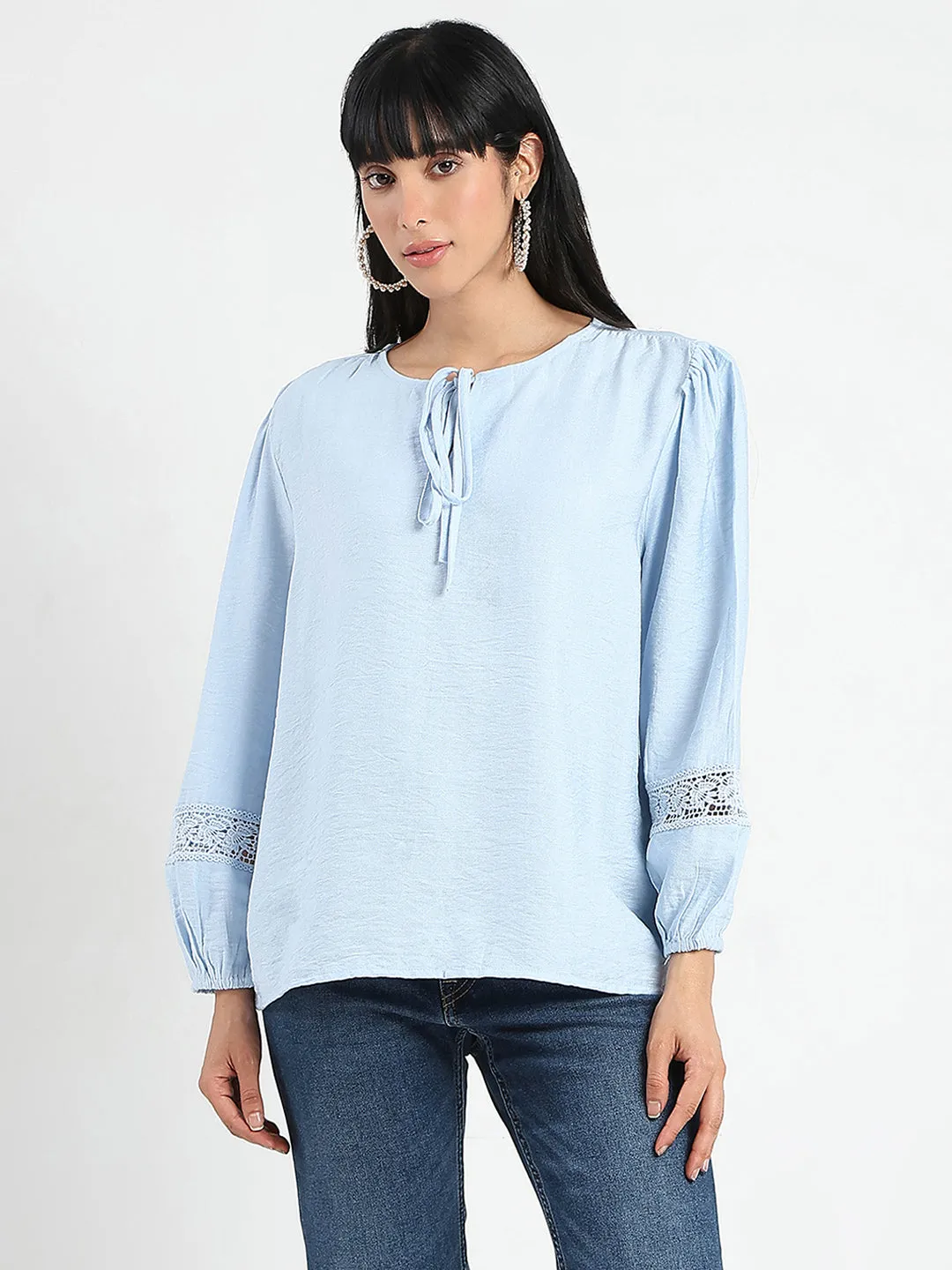 LowProfile Design Boss Vibe Madame Tie Neck Powder Blue Rayon Blend Top