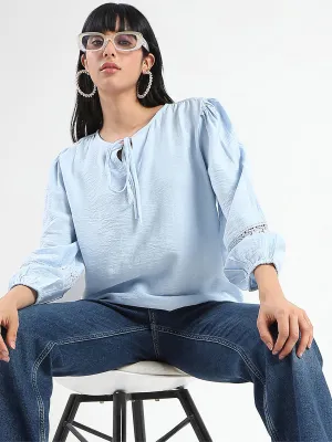 Madame Tie Neck Powder Blue Rayon Blend Top Daywear Style