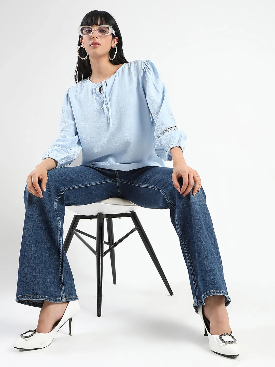 Madame Tie Neck Powder Blue Rayon Blend Top SmoothZipper World Glow